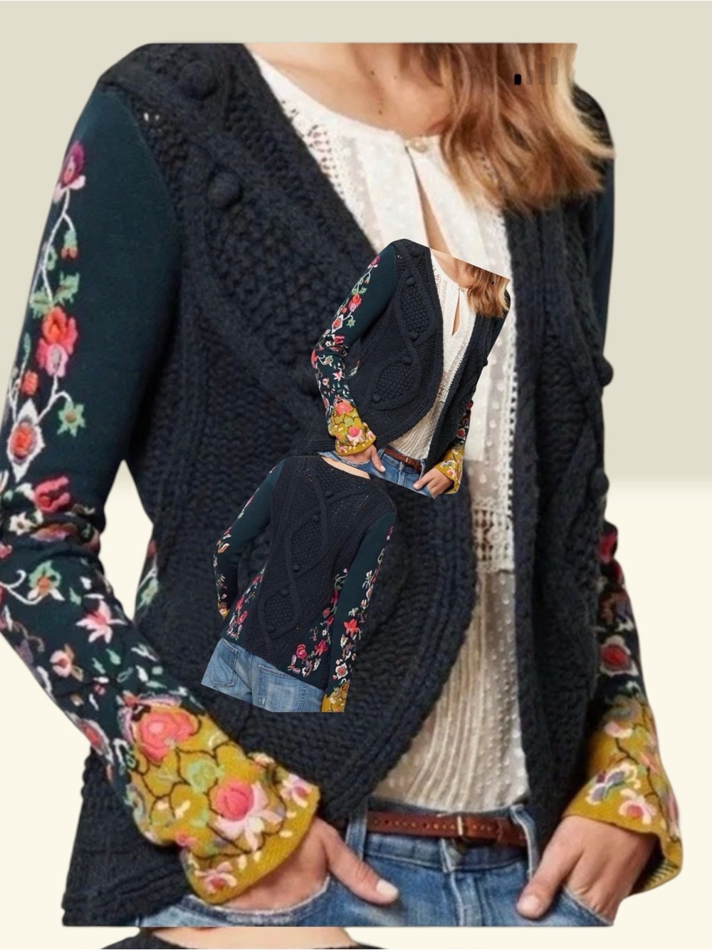 Women’s Floral Sleeve Knit Cardigan Sweater - Black